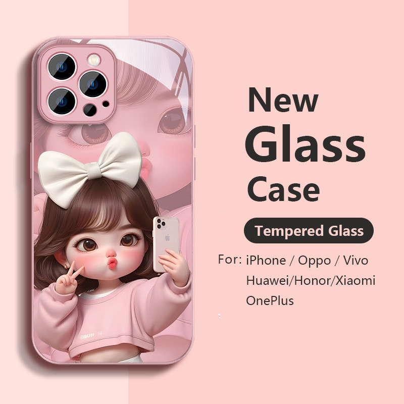สีชมพูน่ารักสาวกรณีiphone 16 15 14 8 7 6 6s Plus 13 12 Mini 11 Pro Max X XR XS Max SEกระจกนิรภัยการ์ตูนปลอกiPhone 16Plus 16Pro 13Mini 12Mini 15Plus 14Plus 8Plusฝาครอบ