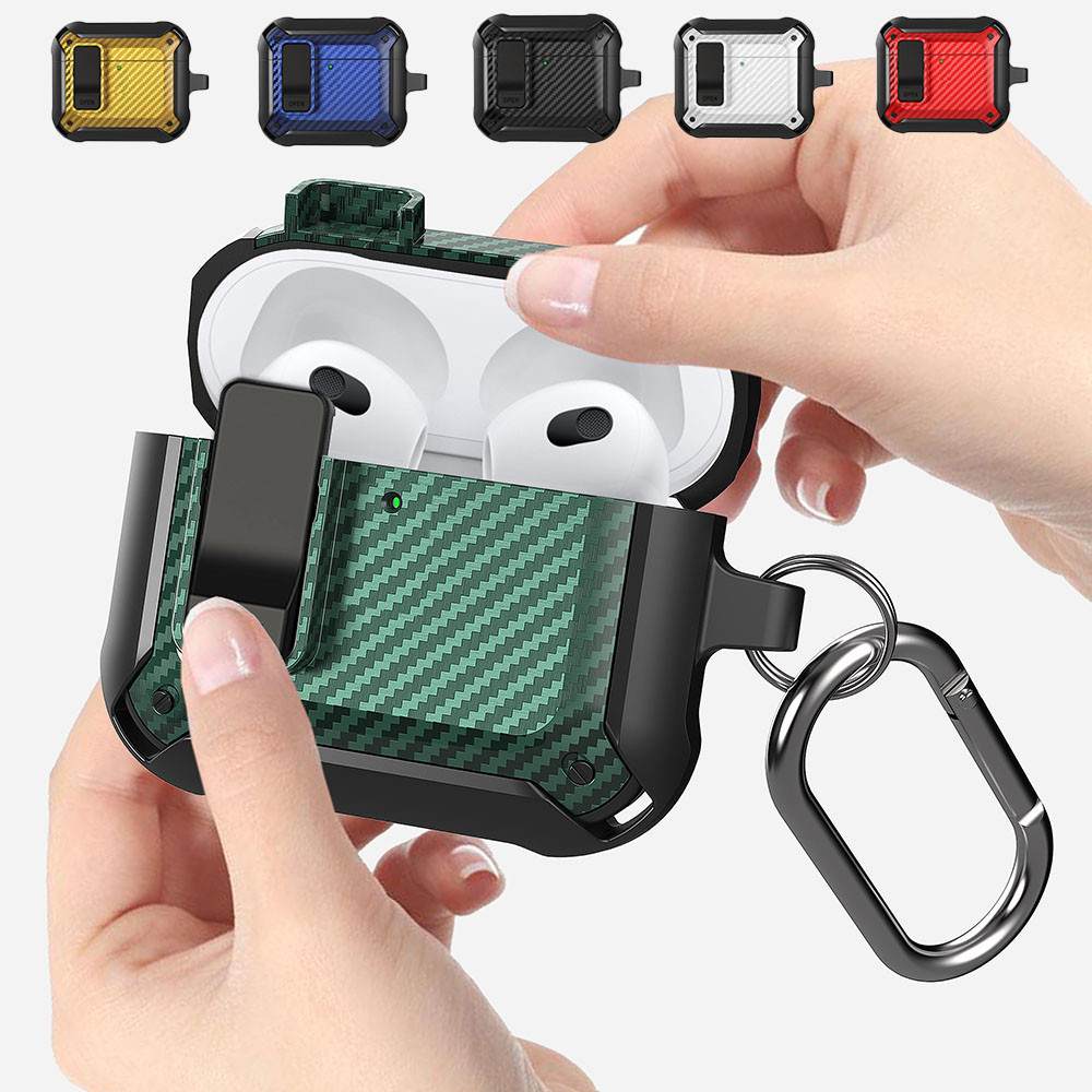 สวิทช์ล็อคคาร์บอนไฟเบอร์หูฟังสําหรับ Airpods 1 2 3 4 กันกระแทกป้องกันกรณีพวงกุญแจสําหรับ Airpods Pro Pro2 4th Gen 2024