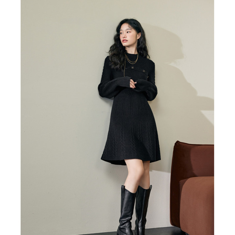 French Classy ครึ่งคอสูง Slim-fit ชุดถักผู้หญิงฤดูใบไม้ร่วงฤดูหนาว Slimmer ดูกระโปรงสั้น