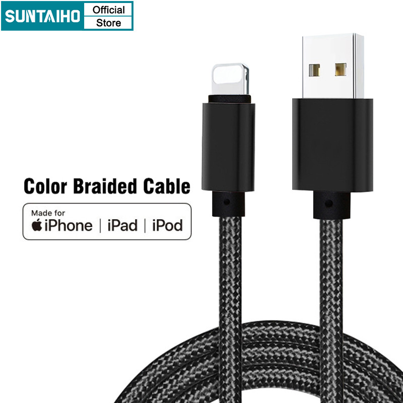 Suntaiho USB To Lightning Cable Fast Data Transmission สายชาร์จสีดําด้ายทอสีสําหรับ IPhone IPad
