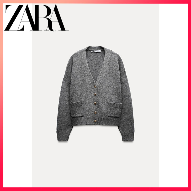ZARA ซาร่า สินค้าใหม่แจ็คเก็ตถักขั้นพื้นฐานสีเทาของผู้หญิง