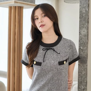 PNK025 Elise Dress✨ เดรสแขนสั้น คอกลม ผ้าทวิต ผูกโบว์ เรียบหรู Pinky Dressy