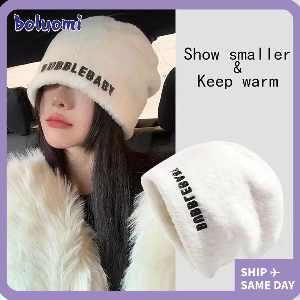 Boluomi Pullover,ป้องกันหูแสดง Smaller Rabbited Fluffy ถักหมวก,นุ่มพิมพ์ INS สไตล์ Heasps หมวกผู้หญิงหญิง Maiden