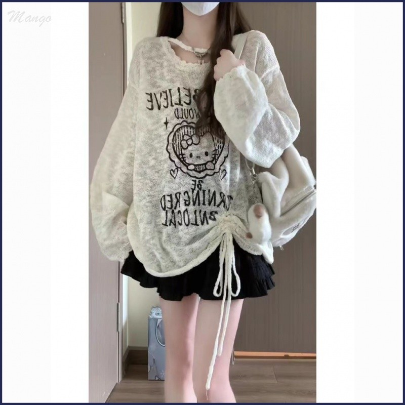 การ์ตูนพิมพ์กลวงเสื้อสูทผู้หญิงslimmerดูปุยกระโปรงสั้นหลวมlace-up Top