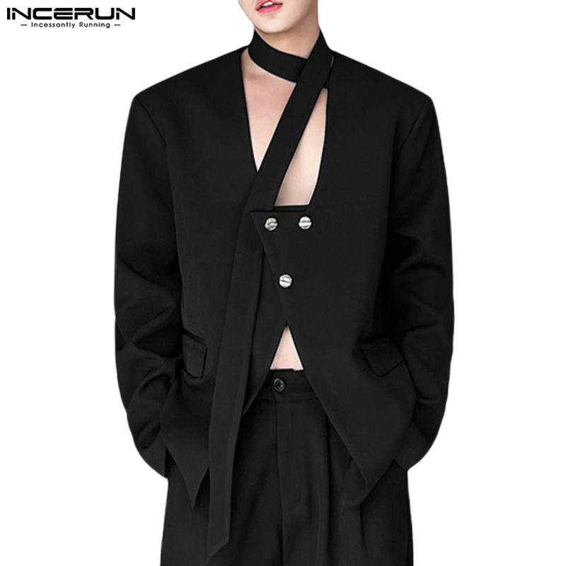 Incerun ผู้ชายเกาหลี Deconstructed Hollow Design Ribbon Long Sleeve Casual Blazer