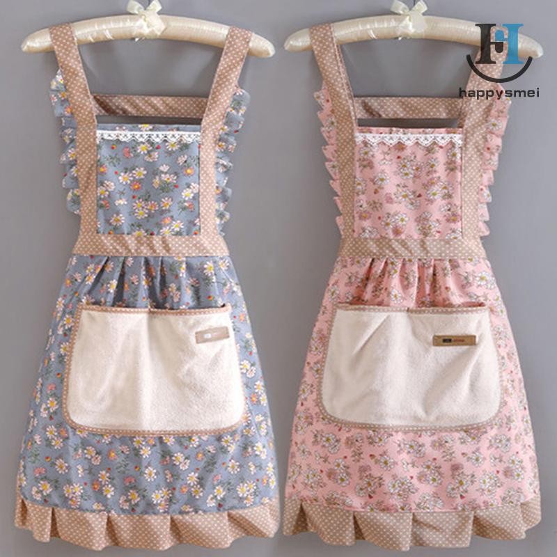 [GA] ผ้าฝ้ายผ้าใบดอกไม้สําหรับผู้หญิงห้องครัว Oilproof ผ้ากันเปื้อนพร้อมกระเป๋าและเข็มขัดเอวปรับได้ผ้ากันเปื้อนเอี๊ยมแขนกุดกันน้ํา TH