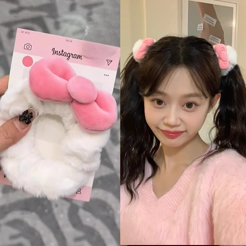 1 ชิ้นสีขาว Soft Plush Puffly Bowknot เชือกผม Scrunchies หางม้าผูกผม