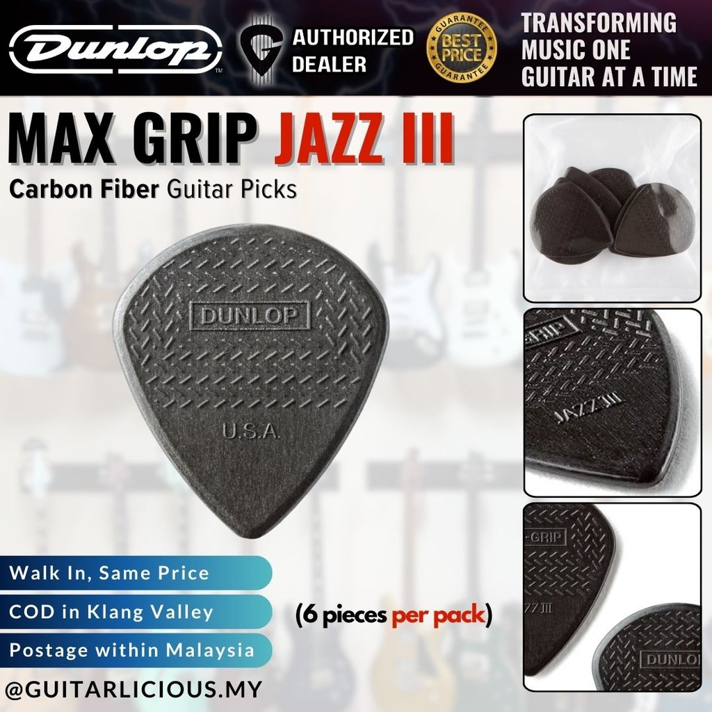 Jim Dunlop 471P3C Max-Grip Jazz III Carbon Fiber Pick, 6 Per Pack ( 471-P3C / 471 )