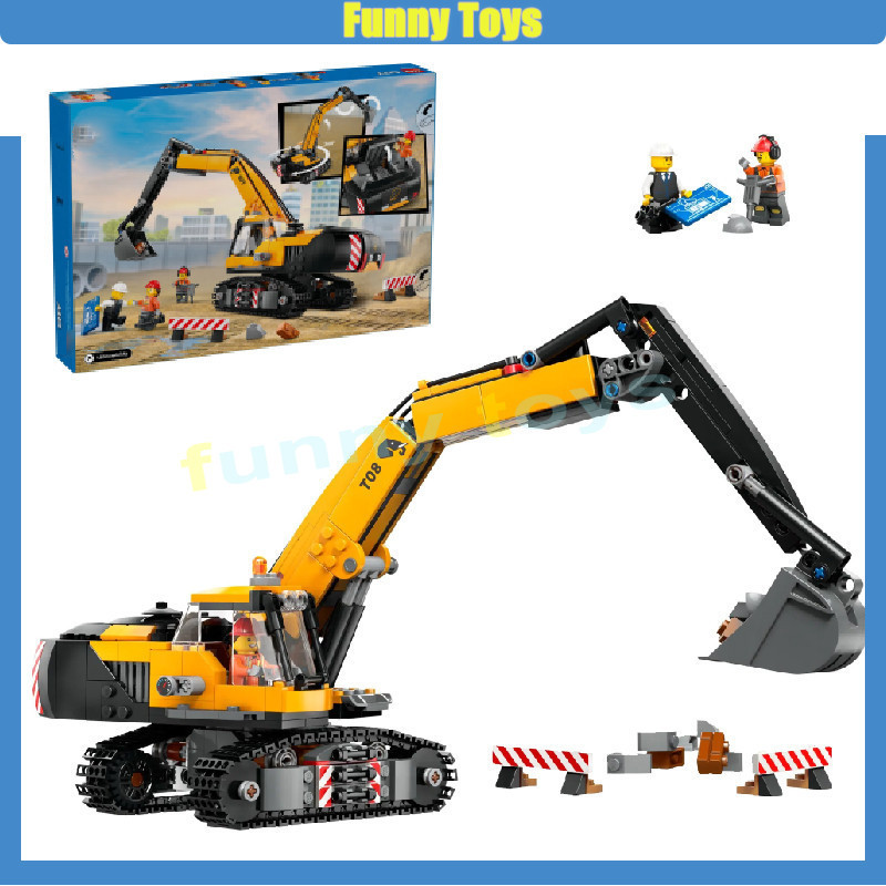 2024 ชุดเมืองใหม่ 60420 รถขุดสีเหลืองประกอบบล็อกของเล่นประกอบด้วยแผงกั้น Cordon 2 อันและพร้อมไดรเวอร