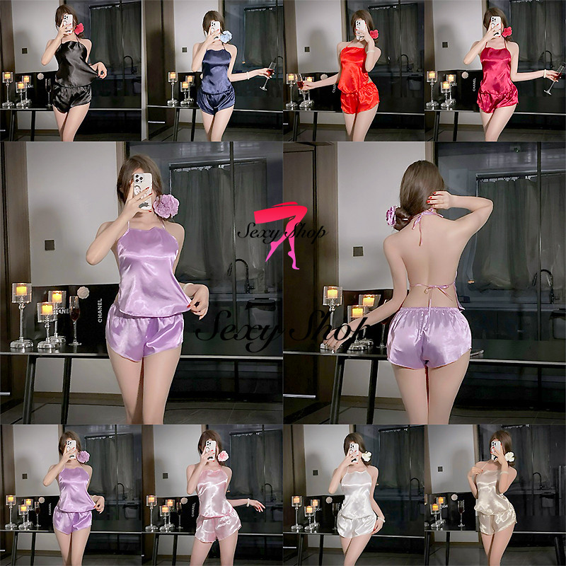 sexy ชุดนอนซาติน ชุดนอน 2 ชิ้น สุดเซ็กซี่ เปลือยหลัง ผ้าใส่สบาย ส่งจากไทย
