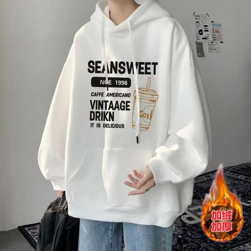 เสื้อกันหนาวมีฮู้ดสําหรับผู้ชายในฤดูหนาวพร้อมกํามะหยี่หนาและเสื้อแจ็คเก็ตนักเรียนทรงหลวมลําลอง