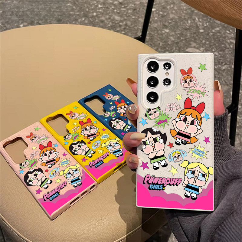 Popmart Cry Baby Powerpuff Girls Micro Matte ฟางข้าวสาลีเคสโทรศัพท์สําหรับ Samsung S24 Ultra S24 Plus/ S23 Ultra /S22 /S21/S20 FE A15 A14 A53 A5 กันกระแทกฝาครอบโทรศัพท์นุ่ม