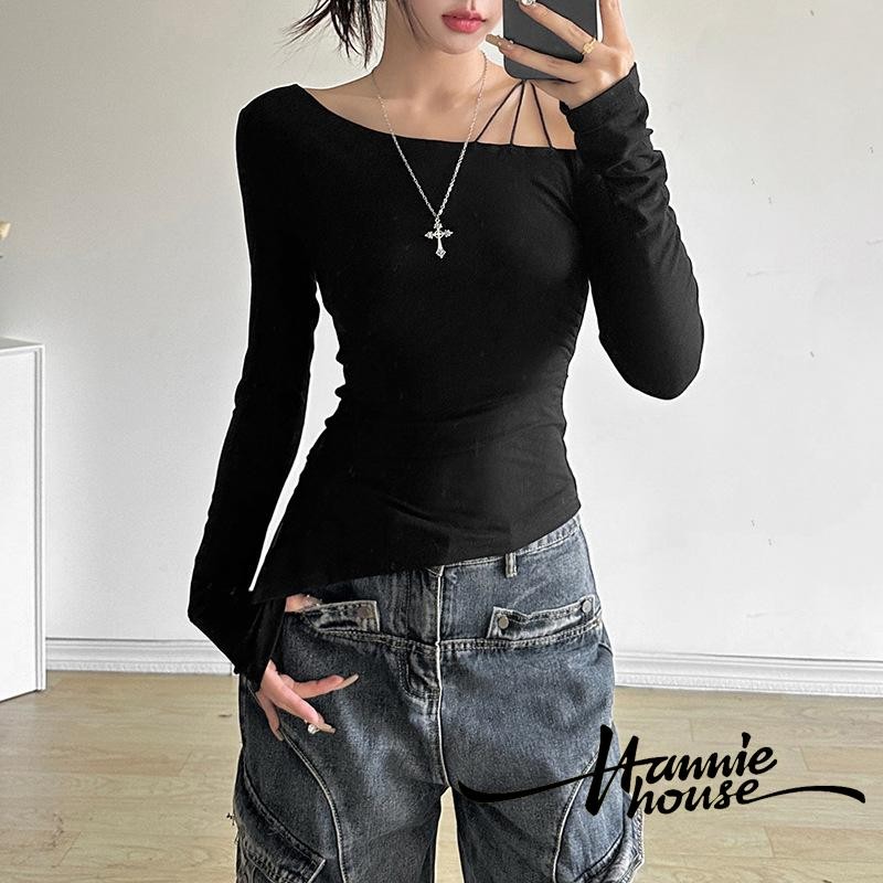 Hanie House- เสื้อเชิ้ตเปิดไหล่แขนยาวสีทึบสําหรับผู้หญิง