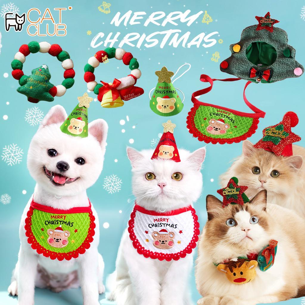 COD หมวกคริสต์มาส ผ้าพันคอเอี๊ยม ชุดสัตว์เลี้ยง Happy Bear ปักคริสต์มาส ปลอกคอแมวและสุนัข น่ารัก แมว สุนัข กระต่าย
