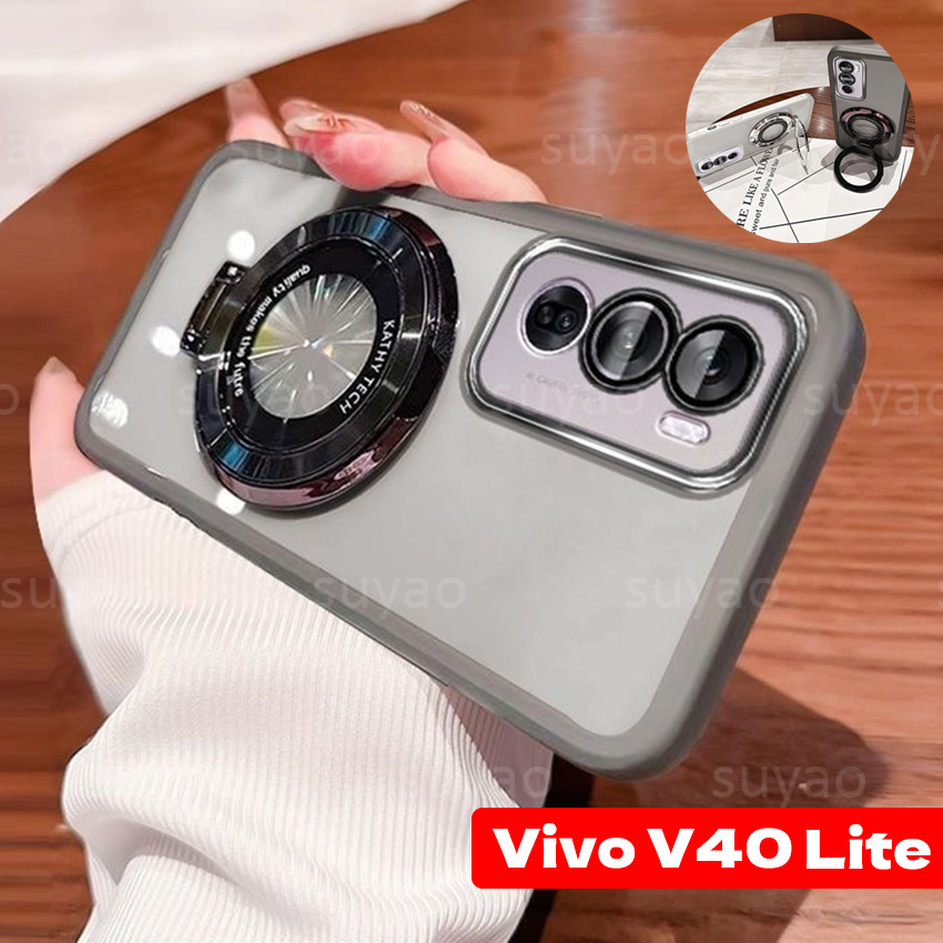 สําหรับvivo V40 Lite V40Lite Y19S Y200 2024 เคสโทรศัพท์ที่วางขาตั้งแม่เหล็กVivoV40Lite VivoV40 ProปลอกบางUltra Clear Softคู่เลนส์กันกระแทกTPUชุบปกหลัง