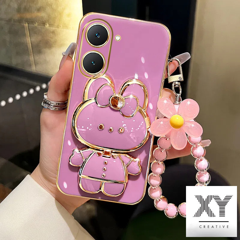 เคส Vivo Y03 Y18 Y100 5G Y27S Y17S Y27 5G Y36 5G Y16 Y15S Y01 Y22 Y22S เคสโทรศัพท์ชุบด้วยไฟฟ้าหรูหรา 3D กระต่ายเครื่องสําอางกระจกแต่งหน้าขาตั้งเคส TPU แบบนุ่มพร้อมสร้อยข้อมือเชือกเส้นเล็ก เคสโทรศัพท์