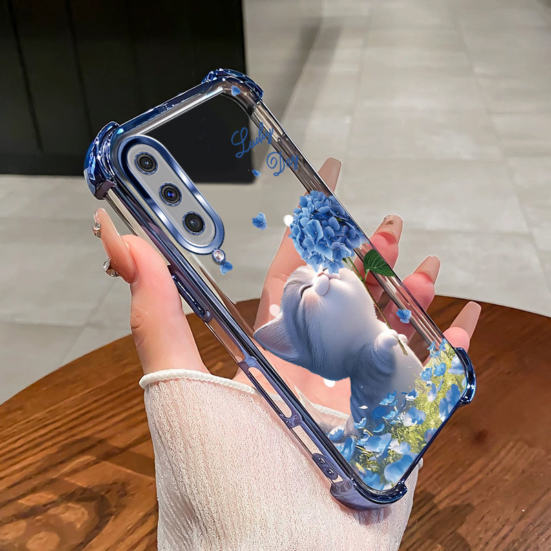SAMSUNG สําหรับSamsung A50 A50S A30S A70 A750 A7 2018 เคสโทรศัพท์ดอกไม้แมวสี่มุมซิลิโคนTPUโปร่งใสSoft shell XH007