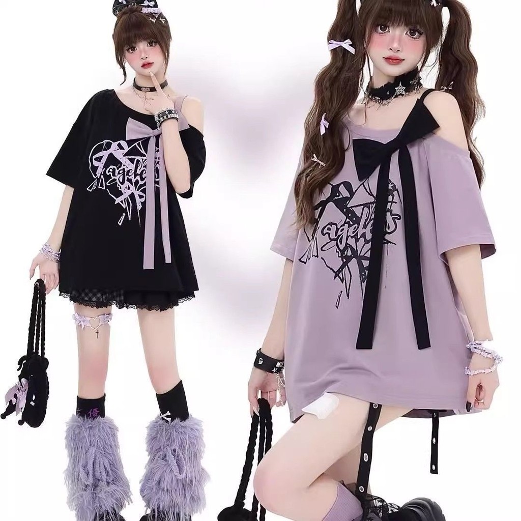 เสื้อยืดแขนX สไตล์ญี่ปุ่น สีส้ม พิมพ์โบว์ สำหรับฤดูร้อน เหมาะสำหรับใส่ลำลอง