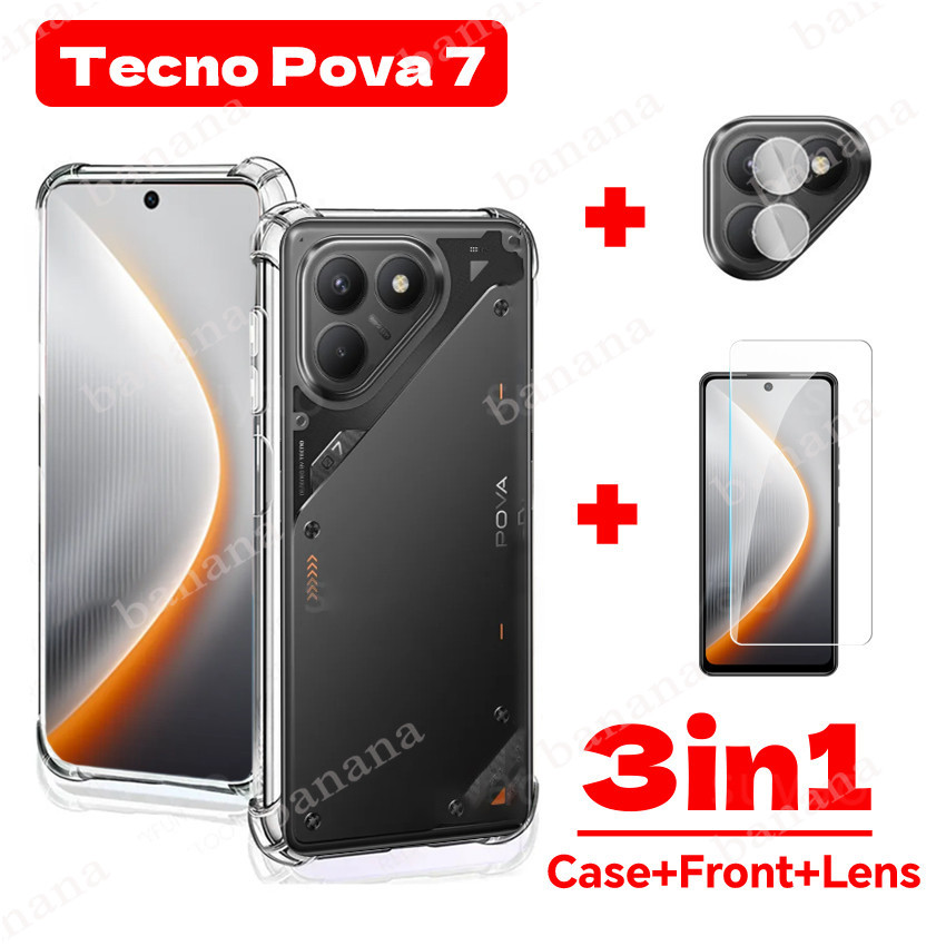 สําหรับ Tecno Pova 7 4G 2025 3in1 เคสโทรศัพท์ใสปลอก Pova7 กันกระแทก Soft TPU ง่ายกระจกนิรภัยหน้าจอป้องกันฟิล์มกล้อง HD 9H เลนส์ปกหลัง