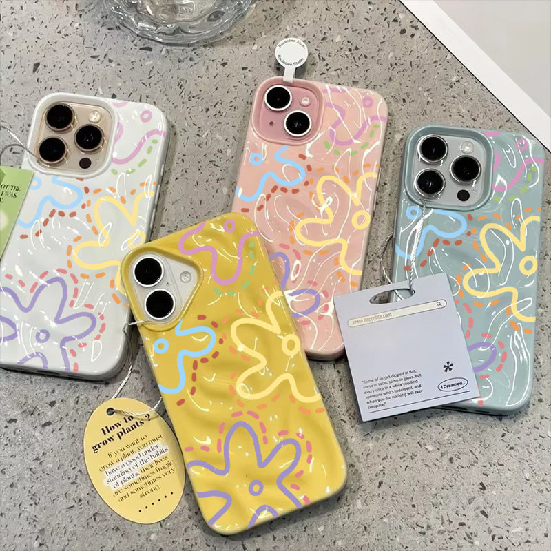 เคสโทรศัพท์สําหรับiPhone 15 16 Pro Max 14 13 12 11 Pro 15 PlusสีSpongeBobดอกไม้ซิลิโคนอ่อนนุ่มWaveพับรูปแบบกันกระแทก