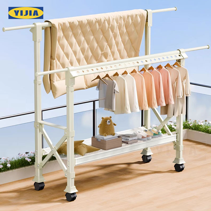 YIJIAราวตากผ้า ราวตากผ้าอลูมิเนียม ปรับความสูงได้ ไม่เป็นสนิม มีล้อ เคลื่อนไหว พร้อมตะขอ+ชั้นวางของ 