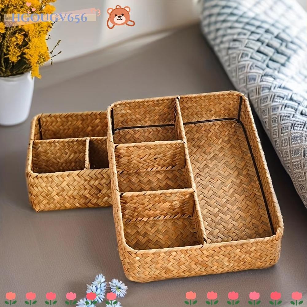 HGOUGVT Multi-Compartment Organizer,เครื่องประดับBreathableกล่องเก็บหวาย,Handmade 4 กริดเครื่องเขียนทอถังเก็บห้องน้ําองค์กร