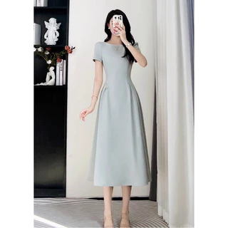 【XS-5XL】 เดรสยาวปานกลาง คอเหลี่ยม แขนสั้น เดรส A-line เรียบหรู ชุดทำงานสุภาพ เข้ารูป พลัสไซซ์