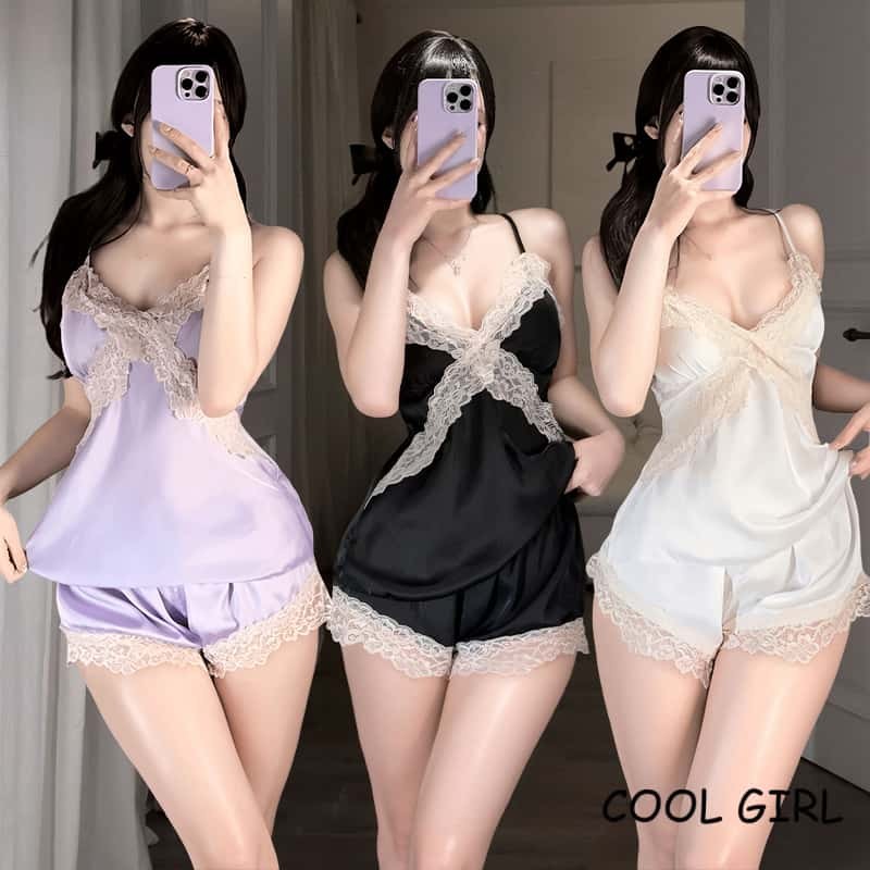 🖤girl🖤ชุดนอนซาติน คอวี ชุดอยู่บ้าน ชุดนอนสายเดี่ยว ชุดสองชิ้น ลูกไม้เซ็กซี่  ใส่สบาย ส่งไวจากไทย