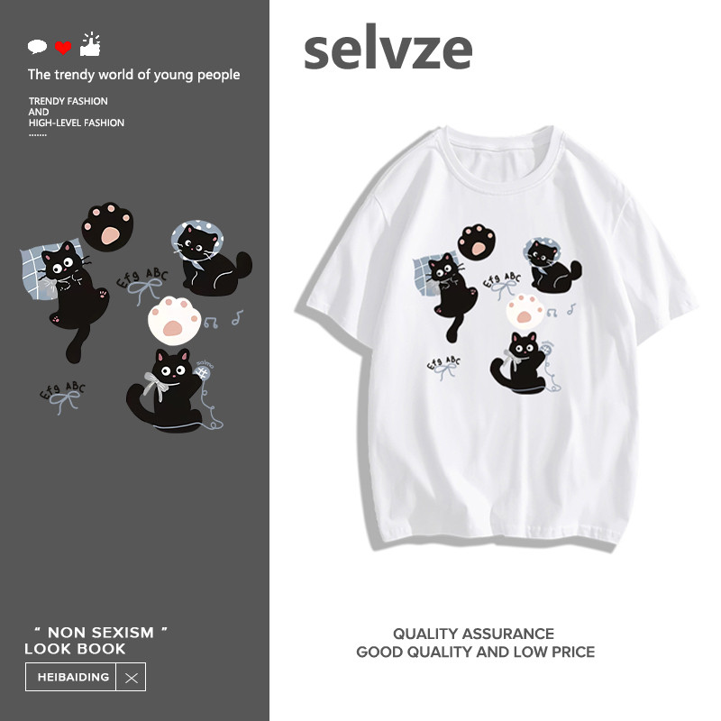ເສື້ອທີເກົາຫຼີ Selvze ລາຍແມວດຳ ຄໍຮອບ ແຂນສັ້ນ ຜ້າຝ້າຍ 100% Cotton H001207