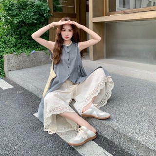 ชุดเสื้อกั๊กและกางเกงลูกไม้สำหรับหญิง แบบขากว้าง สไตล์แฟชั่น…