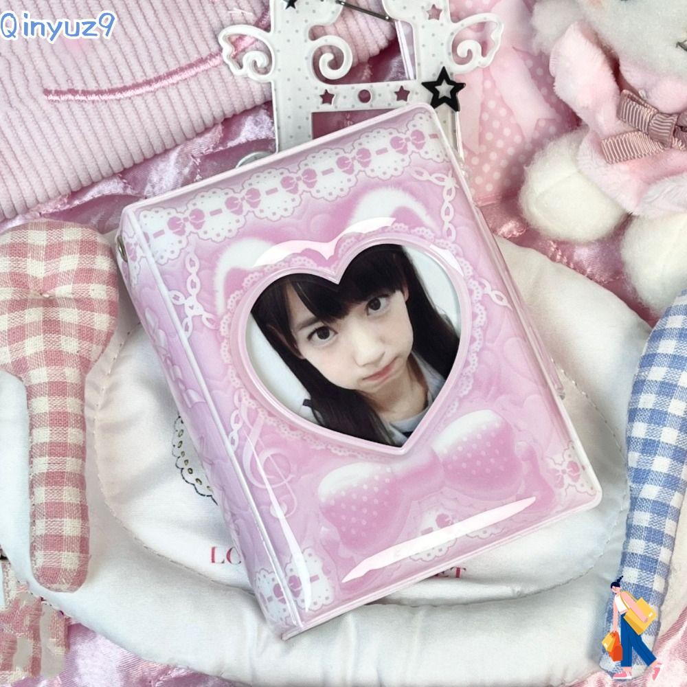 QINYUZ9 การ์ดอัลบั้ม, 16 หน้าภายใน PVC Photocard Binder, อัลบั้มการ์ดสะสม Pink Love Bow 3 นิ้ว Mini โปสการ์ดหนังสือ