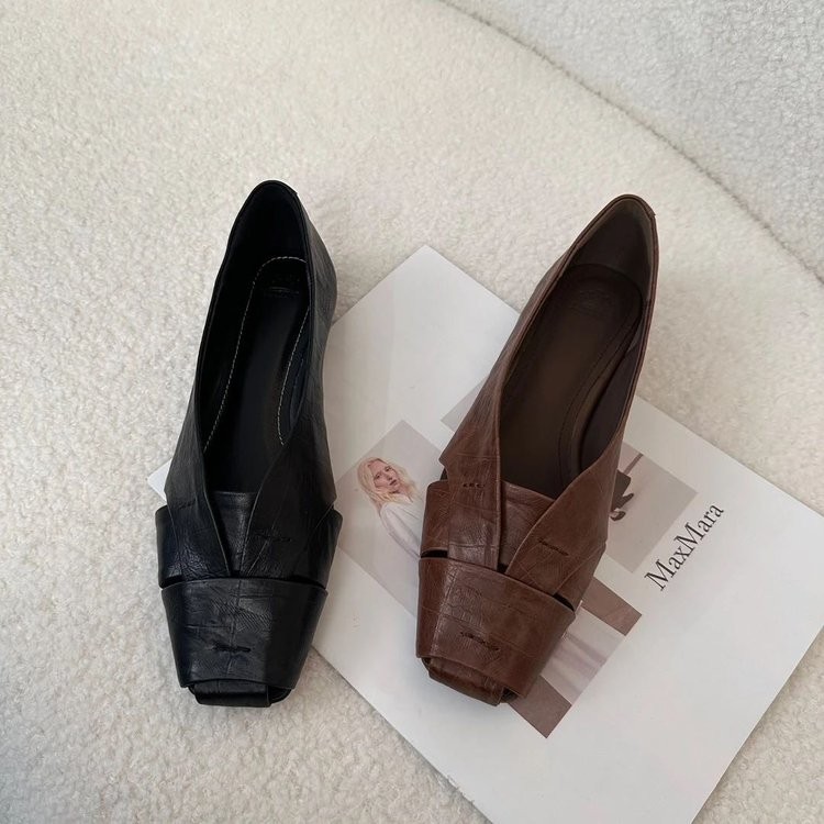 รองเท้าแฟลตสตรี ทรงสแคว์ toe ทอขอบตํ่า สไตล์ย้อนยุค ไซ즈 35-40