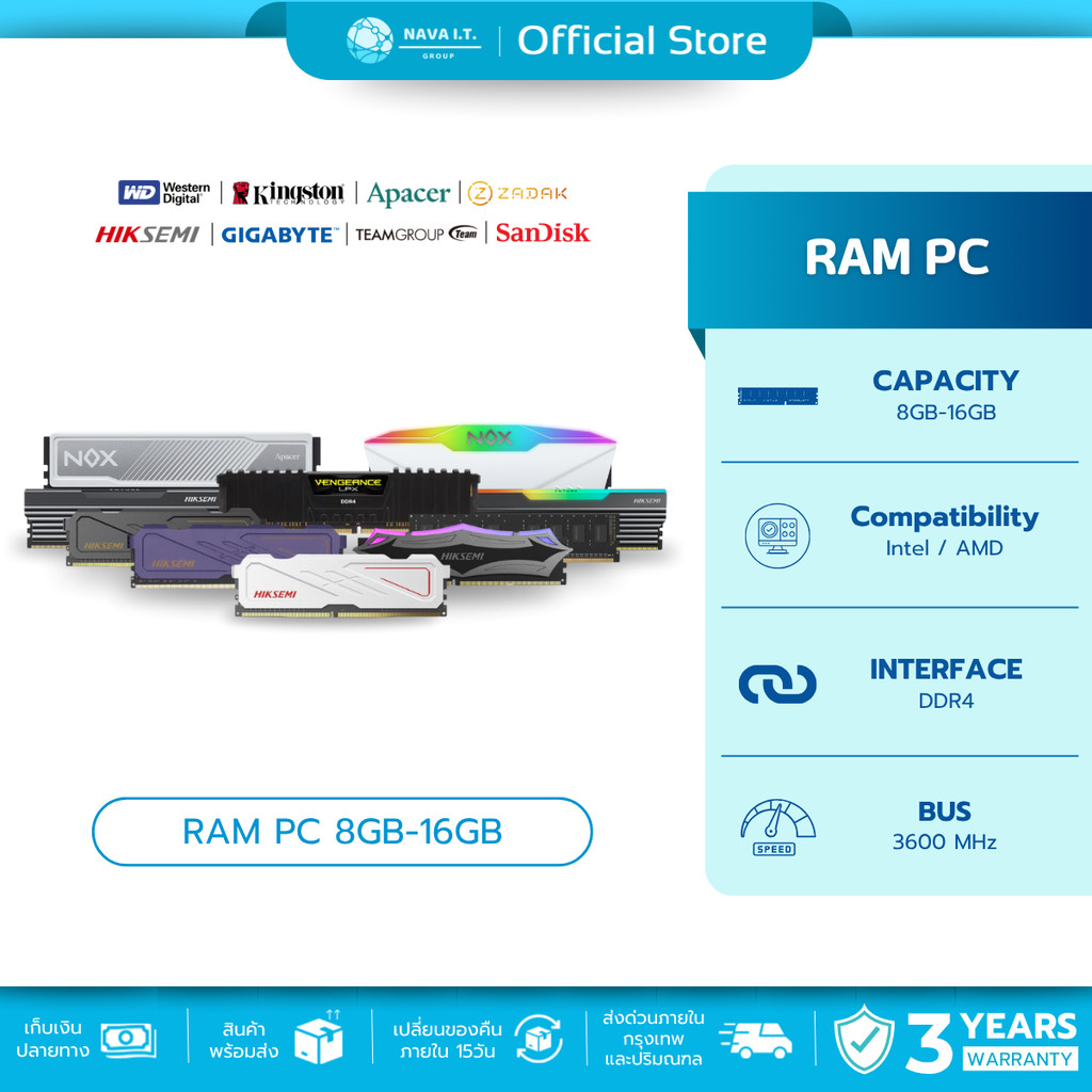 RAM PC 16GB(8GBx2)/32GB(16GBx2) (แรม) DDR4 UP TO 3600 MHz CORSAIR HIKSEMI