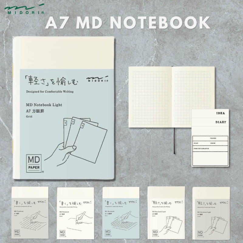 สมุดโน้ต MIDORI A7 MD Series (แบบมีเส้น, แบบมีกราฟ, แบบมีเส้น, แบบเปล่า) - แพ็ค 3 เล่ม สมุดโน้ตไดอารี่/เครื่องเขียนไดอารี่ญี่ปุ่น