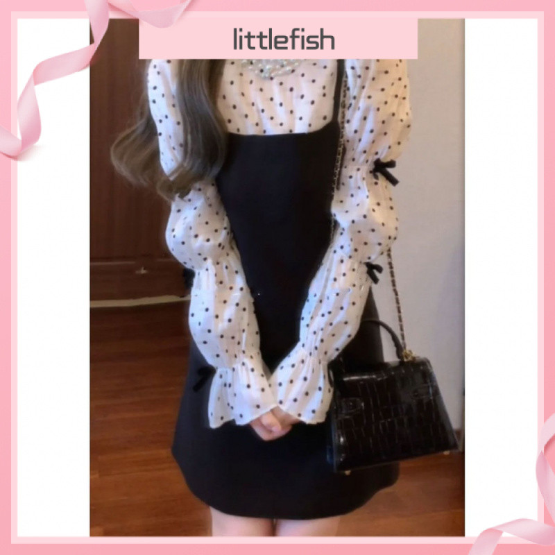 เสื้อแขนยาวลายจุดโบว์ฝรั่งเศสสีดำ สไตล์ชุดสูทสองชิ้น ขนาดใหญ่