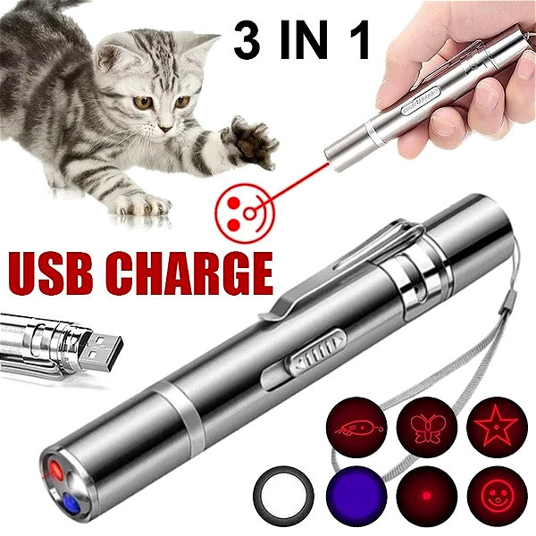 USB ตัวชี้เลเซอร์แมว, 3 โหมด 5 รูปแบบ Lazer ปากกาฉาย, จุดสีแดง LED Light Pointer Interactive ของเล่น