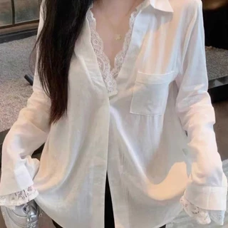 เสื้อเชิ้ตผู้หญิง คอวี แขนยาว ลายลูกไม้