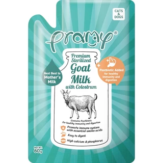 ใหม่! Pramy พรามี่ นมแพะสเตอริไลส์สำหรับสัตว์เลี้ยง แบบซอง เกรนฟรี ปราศจากธัญพืช ขนาด 60g