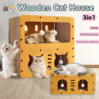 2IN1 Wooden Scratcher House & Large Cat Villa with Scratch Post