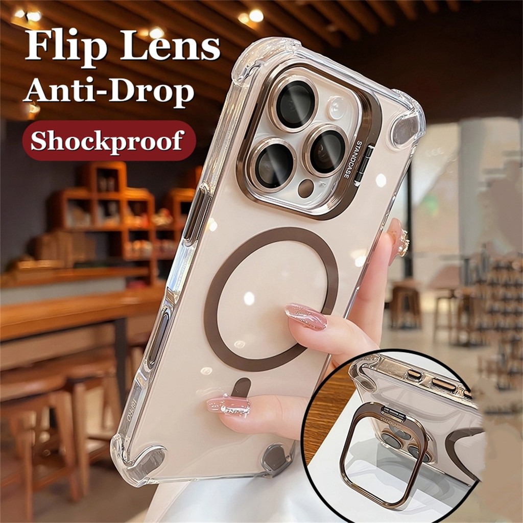 โลหะพลิกเลนส์วงเล็บเคสโทรศัพท์แม่เหล็กสําหรับ ไอโฟน 11 12 13 14 15 16 มือโปร สูงสุด ปลอกแข็งโปร่งใสฝาครอบกันกระแทก