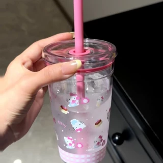 Ins สีชมพูน่ารักการ์ตูน HelloKitty ถ้วยกาแฟมูลค่าสูง DIY ถ้วยพลาสติกนักเรียน Office Home ถ้วยฟาง