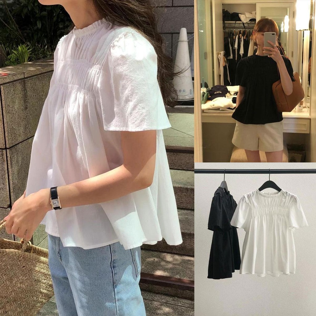 Cuites 🔥W628 เสื้อเชิ้ตสีขาวผู้หญิงสไตล์เกาหลี ดีไซน์จีบ ทรงหลวม สไตล์ลูกพลับ คอกลม  แฟชั่น วัยรุ่น สไตล์ มินิมอล