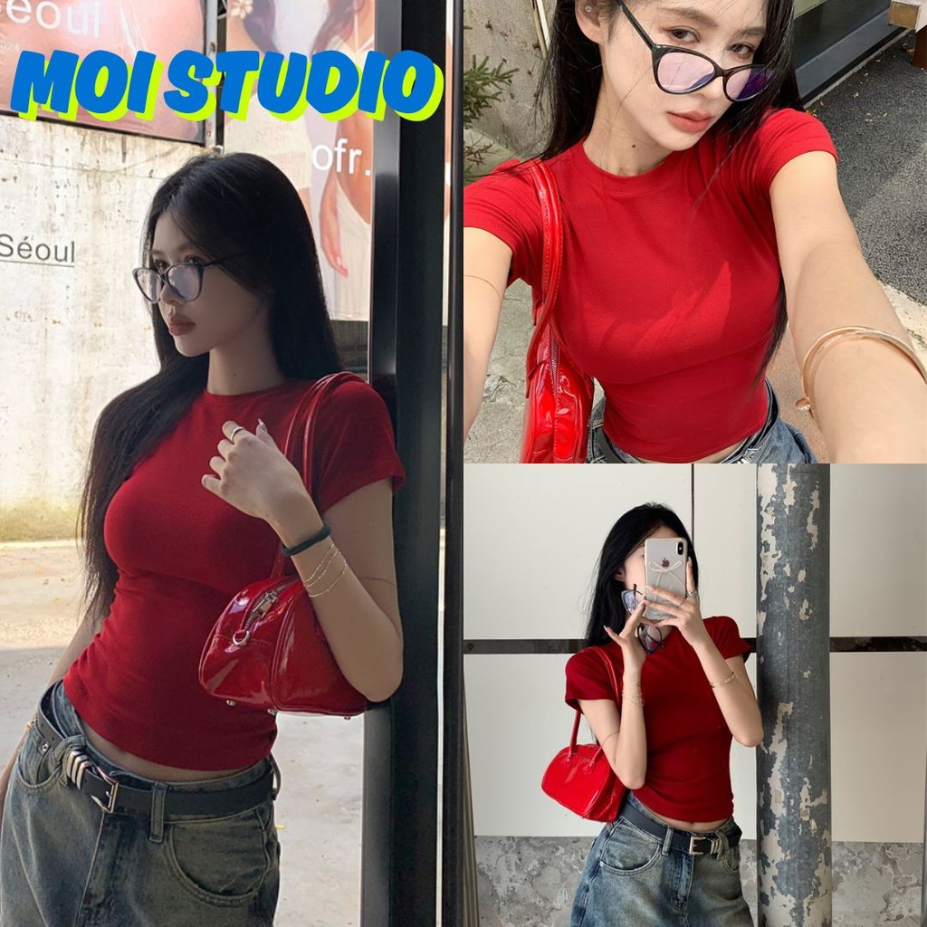 MOI 💖 แดงไวน์ เสื้อสีพื้น เกาหลีสไตล์ baby crop เสื้อยืดแขนสั้น ผ้าcotton100% สลิมฟิต Hotgirl คอกลม  เสื้อครอป【COD】