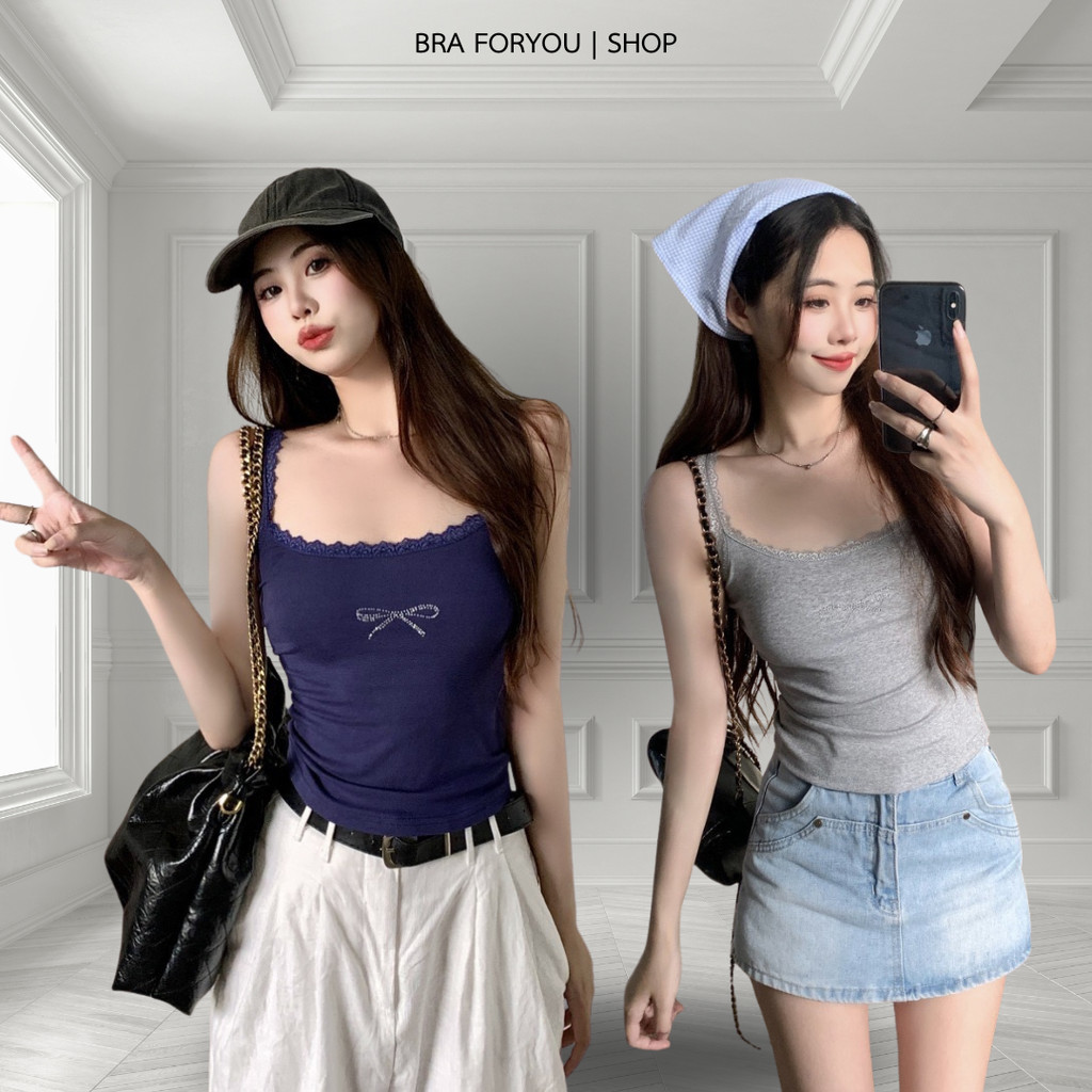 Bra Foryou เสื้อกล้ามลูกไม้ประดับคริสตัลโบว์ แต่งขอบลูกไม้ ใส่สวย ใส่สบาย ผ้านิ่ม (2093) WOMEN