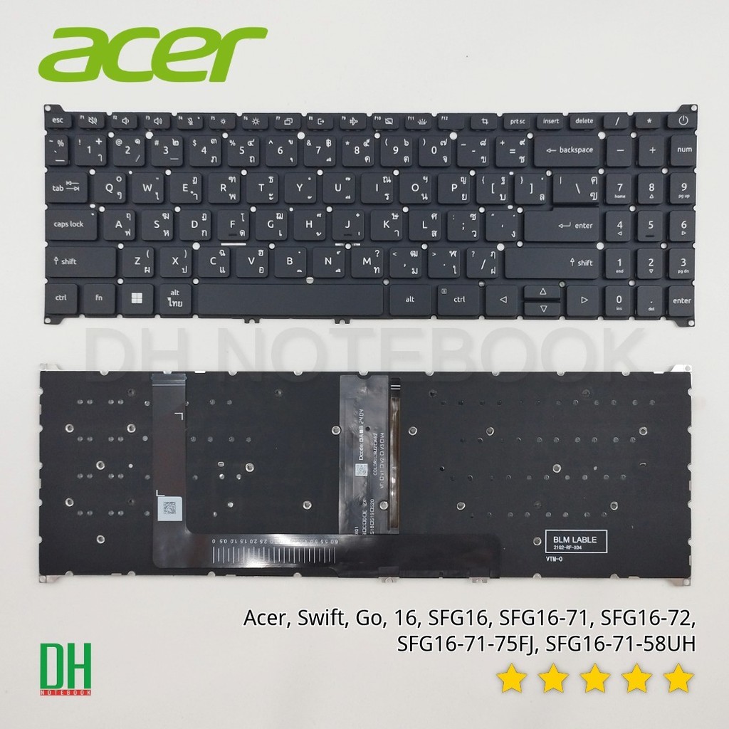 คีย์บอร์ด อะไหล่ OEM คุณภาพสูง Acer Swift Go 16 SFG16‑71 SFG16‑72 Series SFG16‑71‑75F Backlit TH/US