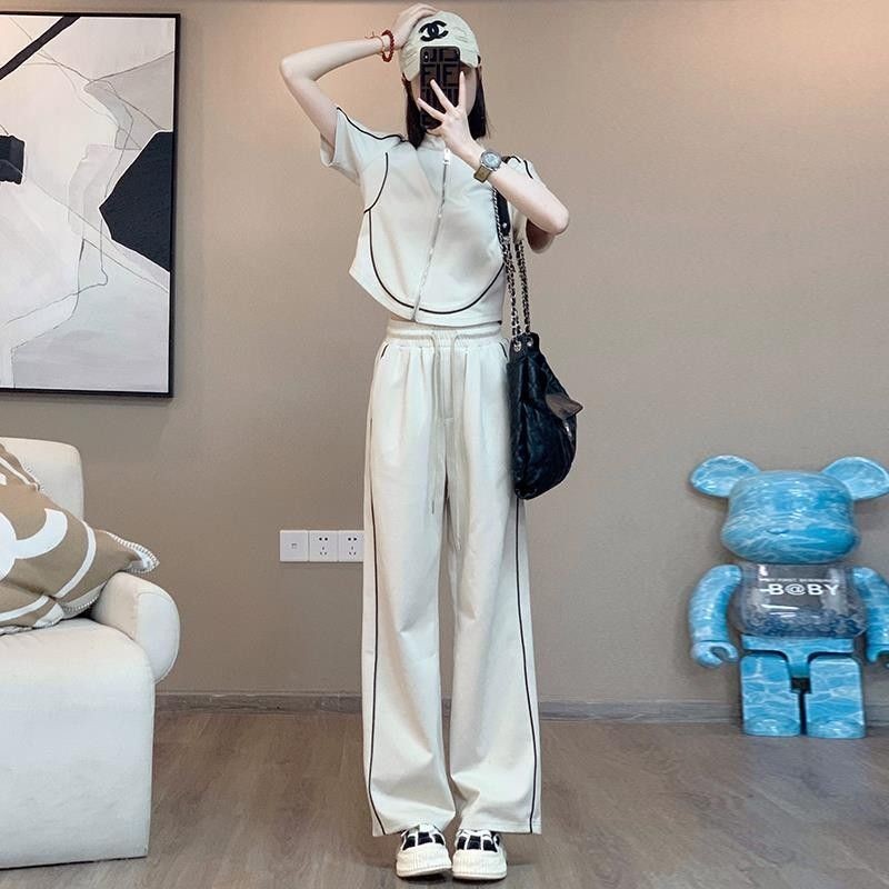 Street Wear High-End Design Casual Sports Suit Women 2025 แขนสั้น Fried Street กางเกงขากว้างชุดสูทสอ