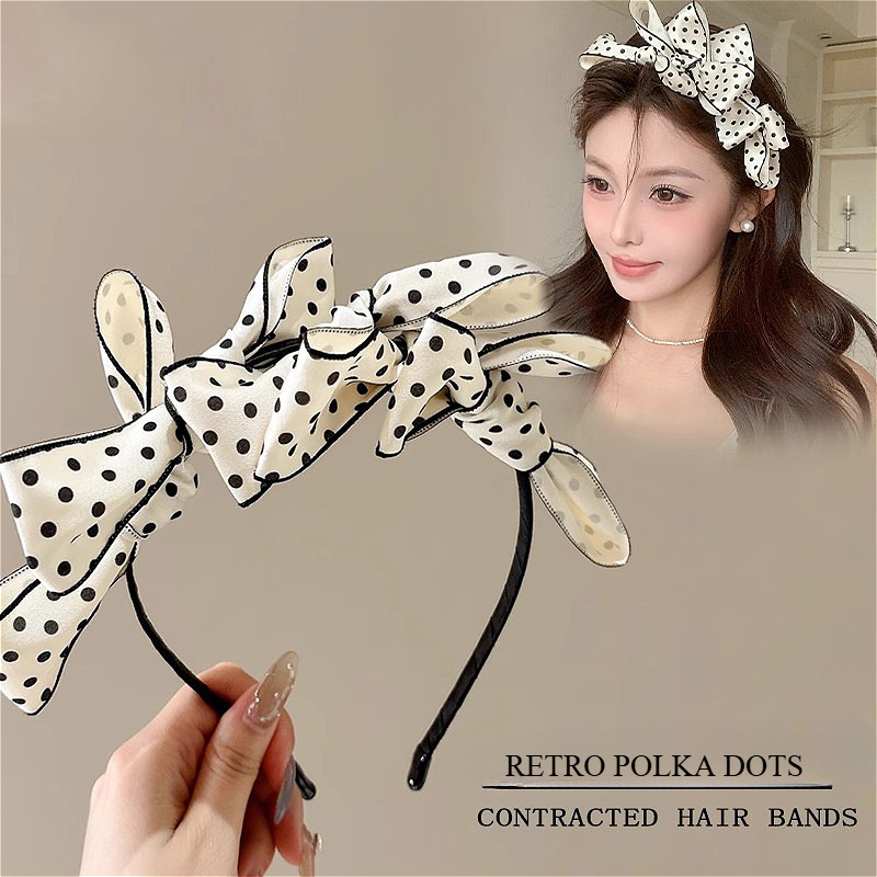 ที่คาดผมโบว์ผ้าซาตินลายจุดย้อนยุค สวมใส่ง่ายกันลื่น เครื่องประดับผมสำหรับผู้หญิง