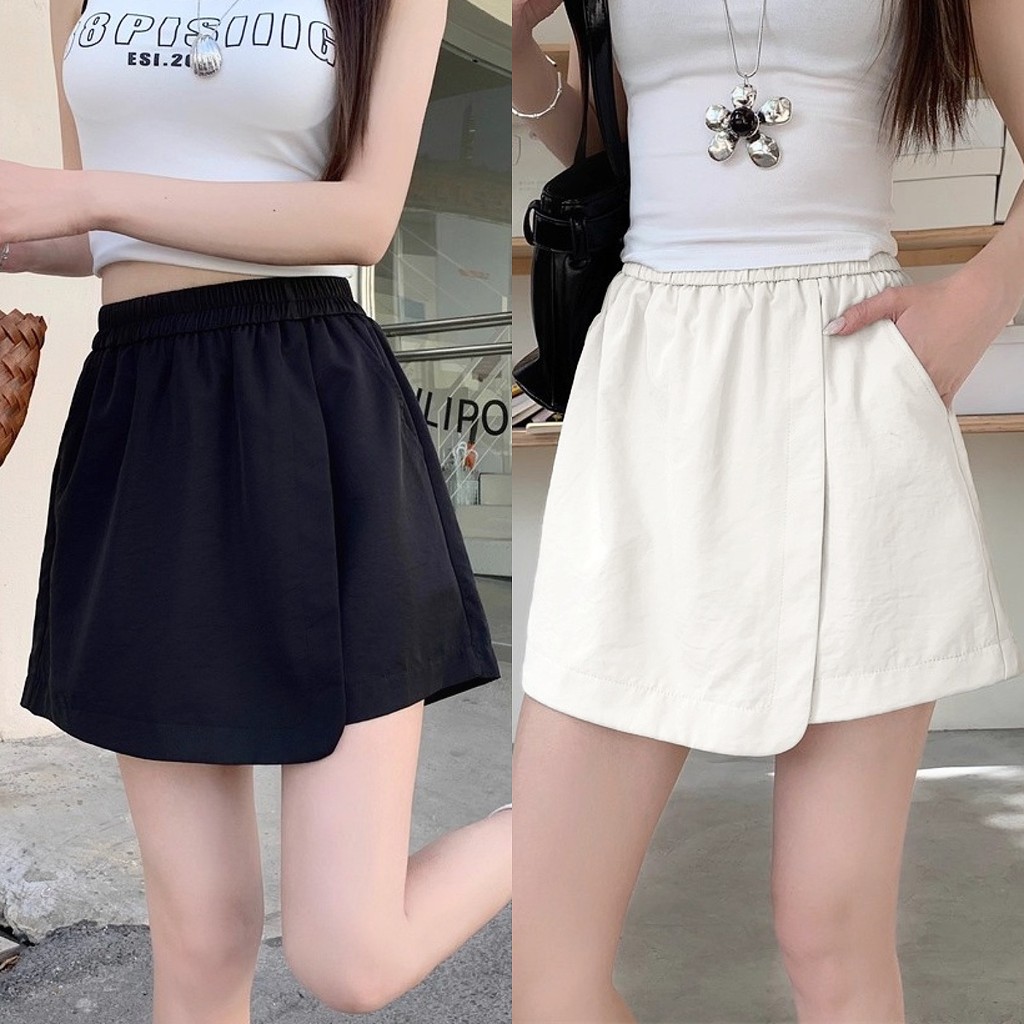 กางเกงกระโปรงสั้น เอวสม็อค ยืดได้เยอะ เนื้อผ้าชีฟอง ใส่สบาย ทรงสวยแมทซ์ลุคง่าย แฟชั่นแนวเกาหลี เรียบง่าย
