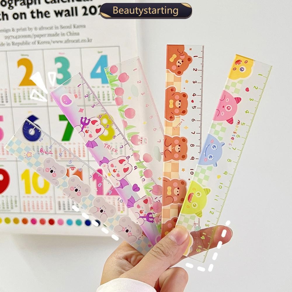 BEAUTYSTARTING อินเทรนด์ Ins ไม้บรรทัดโปร่งใสความงามเครื่องเขียน Scale Creative Kawaii โต๊ะเรียนอุปก