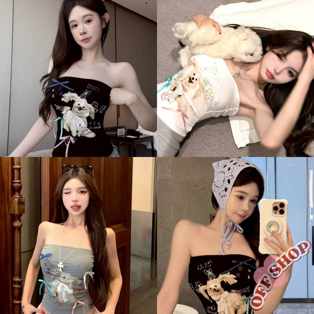 OFF SHOP 🥻ใหม่ 2025 เสื้อเกาะ มีฟองน้ำในตัว ดีเทลลายน้องน่ารักๆหมา เสื้อแฟชั่นผู้หญิง' FY5546